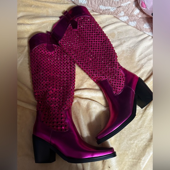 Fuchsia Studded Heeled Boots - Picture 2 of 9